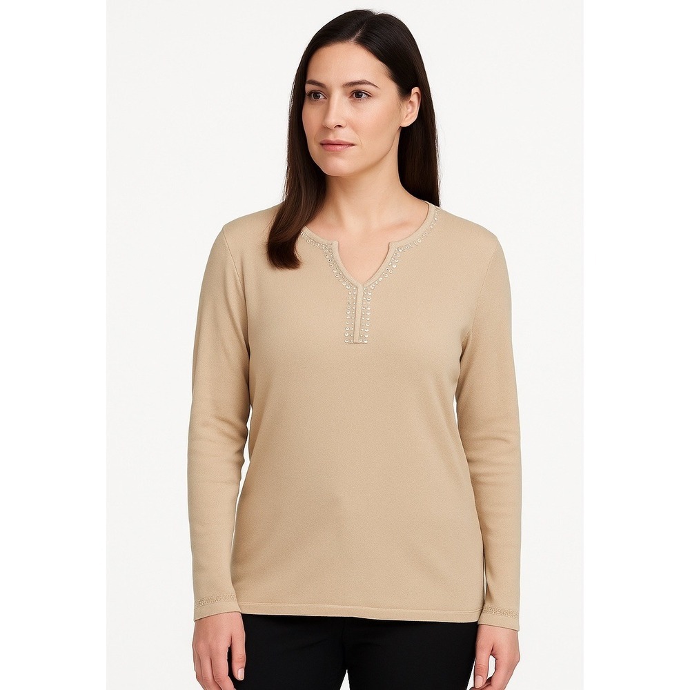Autre Chose Womens‎ Blouse Top Beige Long Sleeve V-neck Sequin XL Casual
